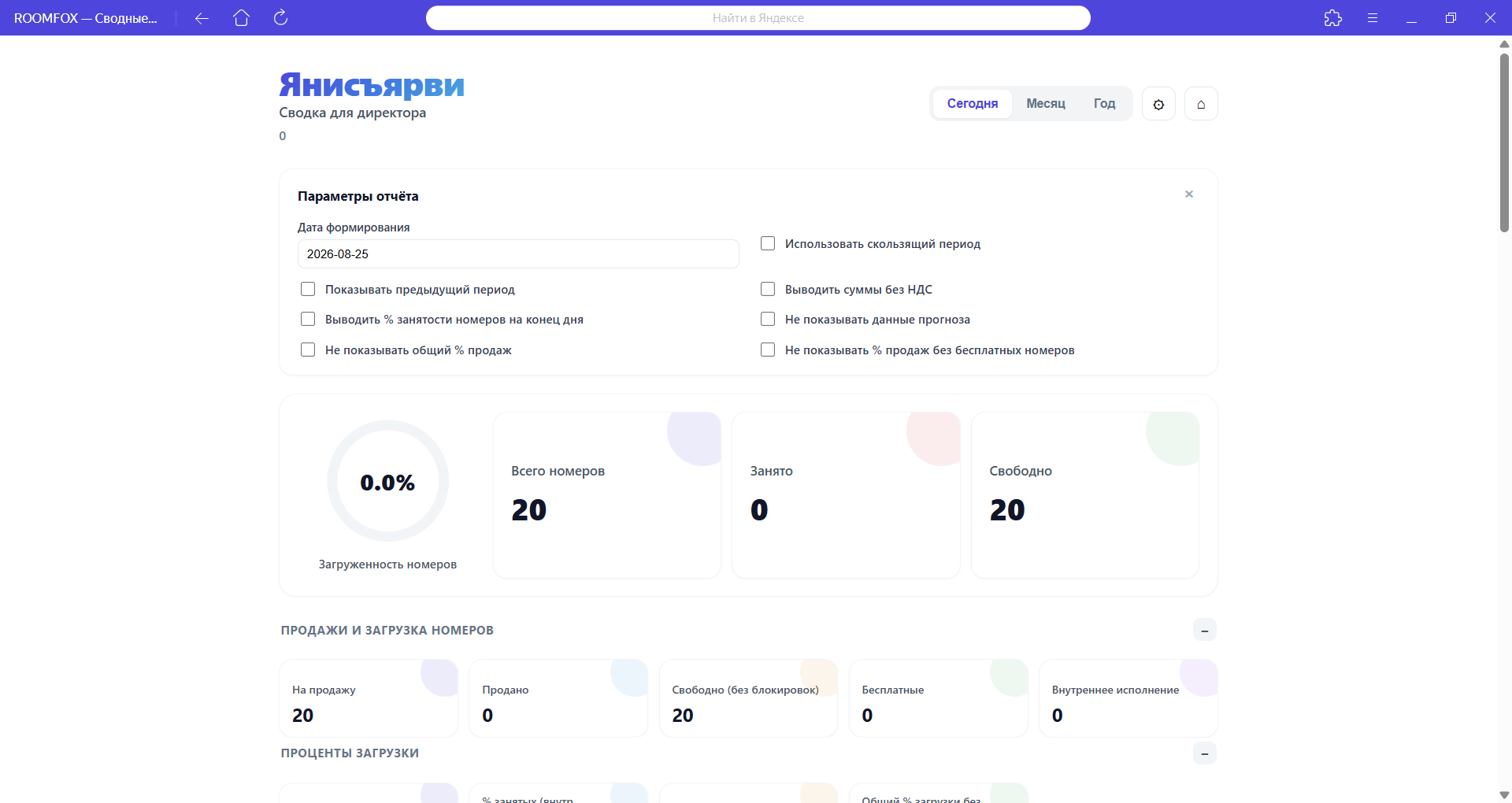 Дашборд Boss RoomFox с загрузкой номеров и доходами отеля